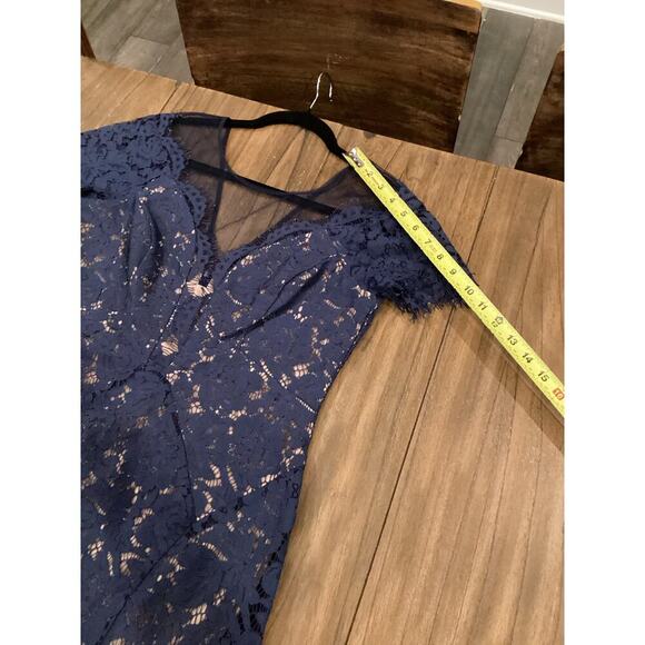 Rene Ruiz illusion Lace Mesh Evening sheath Knee short sleeve Dress Navy Blue 8 - Picture 9 of 14